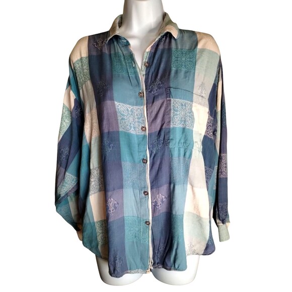 Venezia Womens Button Down Top Size 14/16 Teal Violet Plaid Long Sleeve - Picture 1 of 6